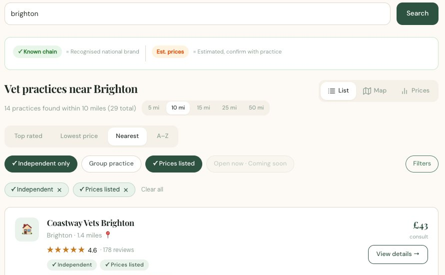 CompareMyVet showing independent vet practices near Brighton with consultation prices, ratings and filters